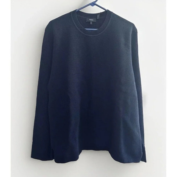 Theory Sweater Mens XL Blue Organic Cotton Ribbed Walton Crewneck Luxury Classic - Picture 1 of 5